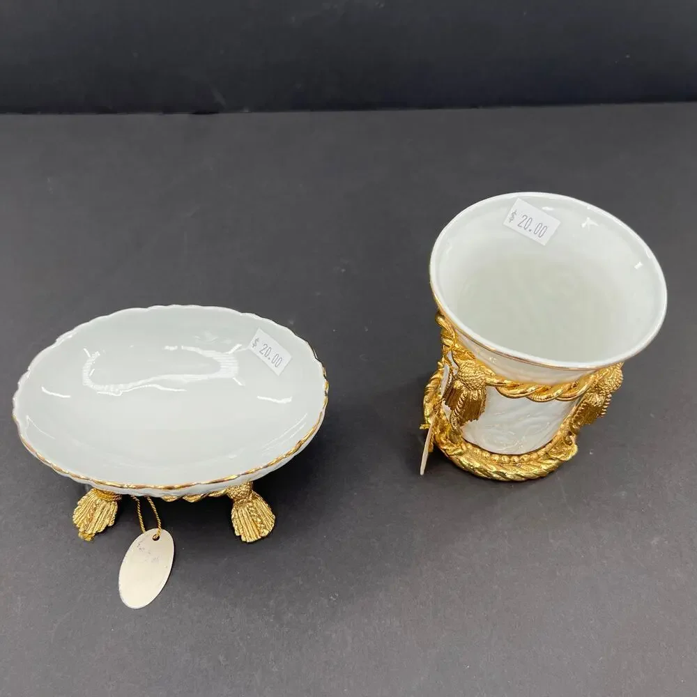 Stylebuilt Gold Plated Ormolu Porcelain Tassel Soap Dish and Toothbrush Holder